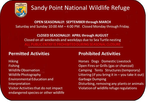 Sandy Point Opening Times, Permitted and Not Permitted Activities